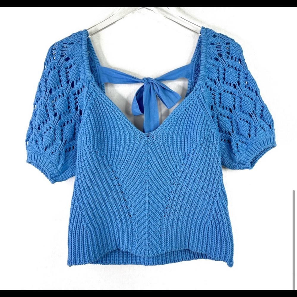 Jonathan Simkhai Allison Ribbed Crochet Knit Cropped Top Blue Tor Back